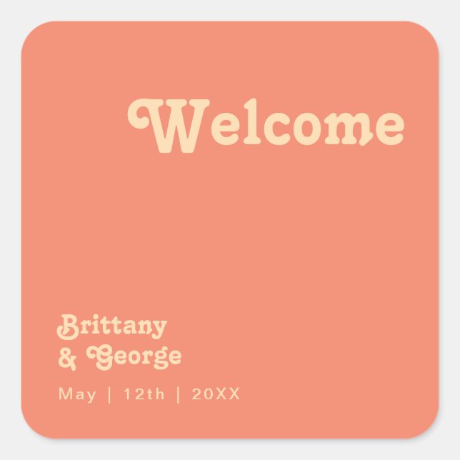 Modern Retro | Coral Wedding Welcome Square Sticker (Front)