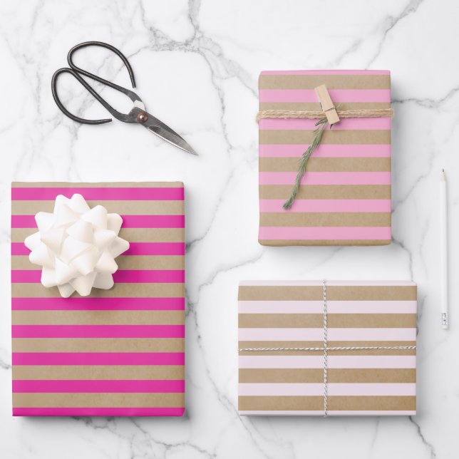 Modern Retro Cream Hot Pink Stripes Kraft  Wrapping Paper Sheet (Front)