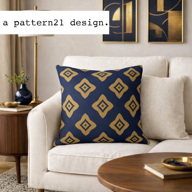 modern retro cushion (Modern navy and gold geometric pillow brings bold mid-century style to elegant interiors.)