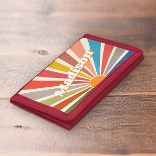Modern Retro Custom Name Fun Vintage Rainbow Trifold Wallet