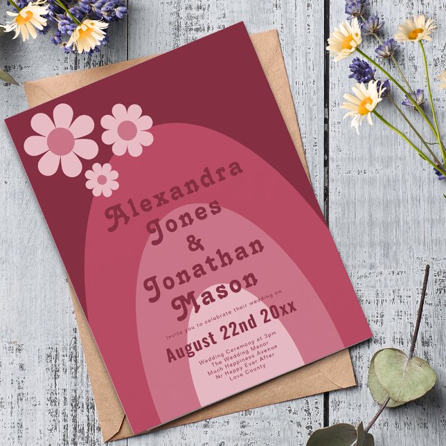 Modern Retro Daisy Arch Pink Budget Wedding Invitation Postcard (Retro daisy arch groovy pink budget wedding invitation postcard)