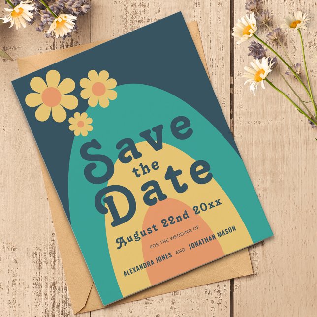 Modern Retro Daisy Arch Wedding Invitation Postcard (Retro daisy arch groovy typography wedding save the date budget postcard invitation )
