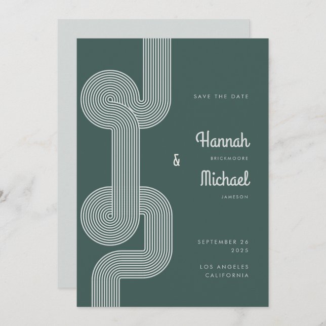 Modern Retro Dark Green Geometric Line Wedding Save The Date (Front/Back)