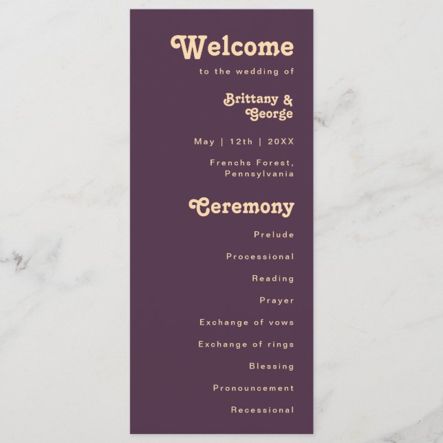 Modern Retro | Dark Purple Cream Wedding Program Programme (Front)