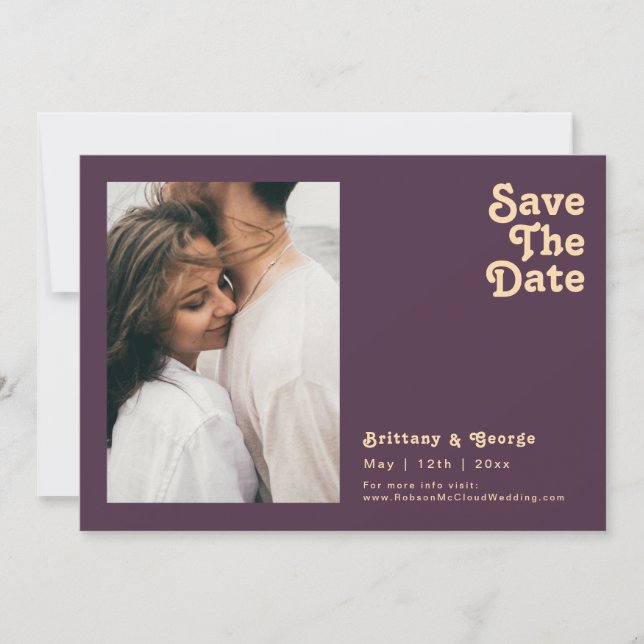 Modern Retro | Dark Purple Photo Horizontal Save The Date (Front)