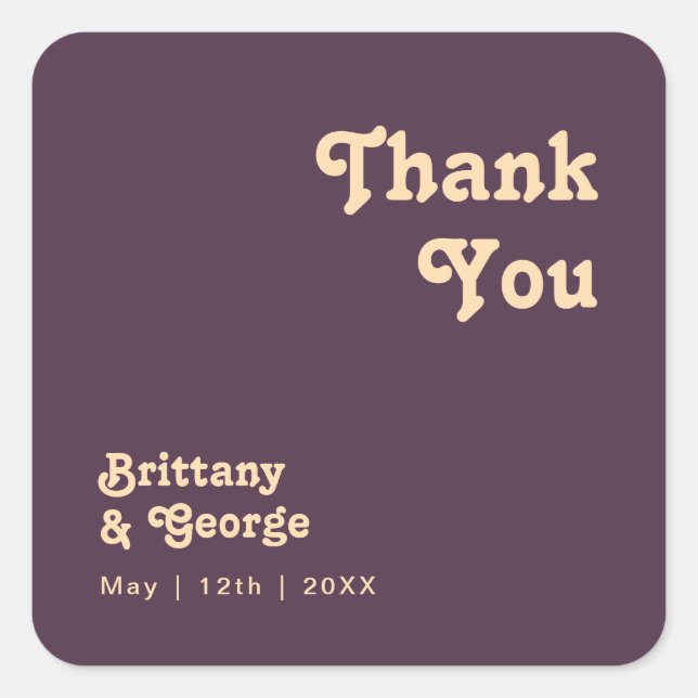 Modern Retro | Dark Purple Thank You Wedding Favou Square Sticker (Front)
