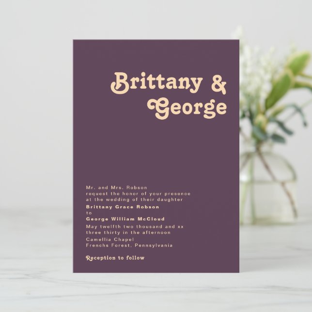 Modern Retro | Dark Purple Traditional Wedding Invitation (Standing Front)