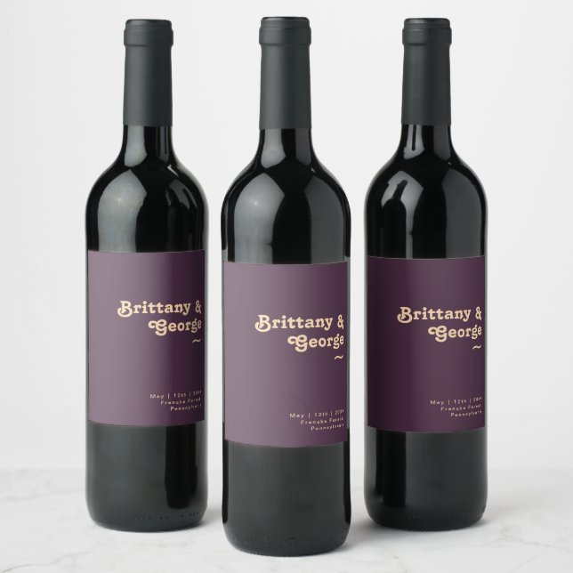 Modern Retro | Dark Purple Wedding Wine Label (Bottles)