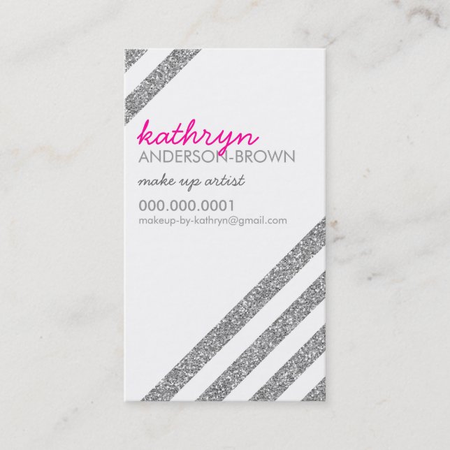 MODERN RETRO diagonal striped glitter silver pink Business Card (Front)