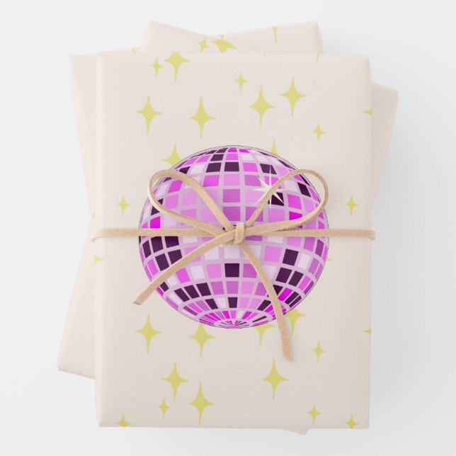 Modern Retro Disco Ball Beige Wrapping Paper Sheet (In situ)