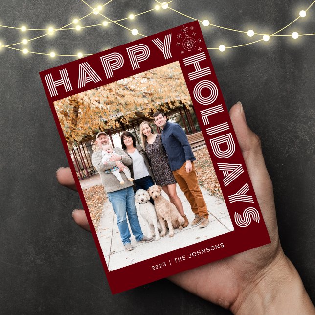Modern Retro Elegant One Photo Custom Dark Red Holiday Card (Creator Uploaded)