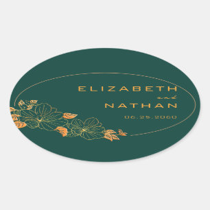Modern Retro Emerald Green Gold Floral Wedding Oval Sticker