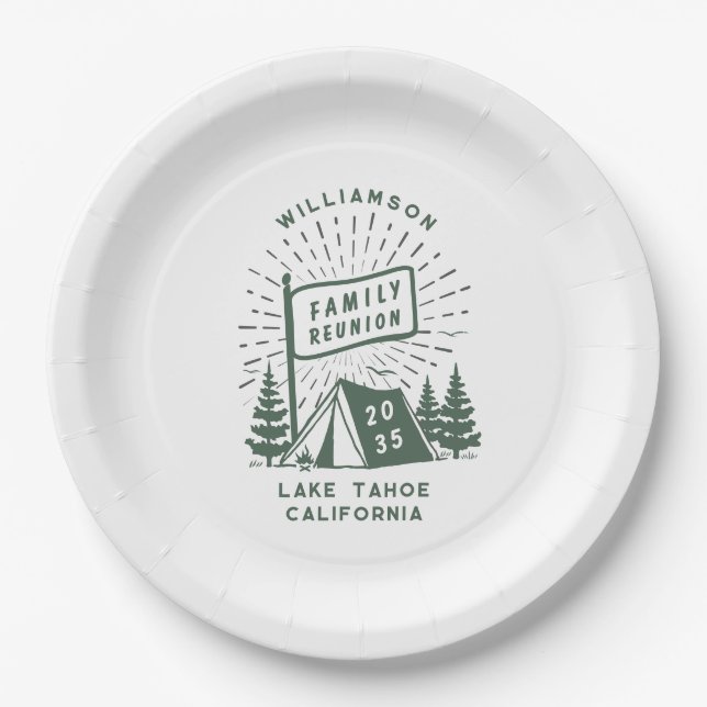 Modern Retro Family Reunion Camping Outdoor Trees Paper Plate (Front)