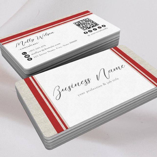 Modern Retro Faux Linen QR Code Social Media  Business Card (Creator Uploaded)