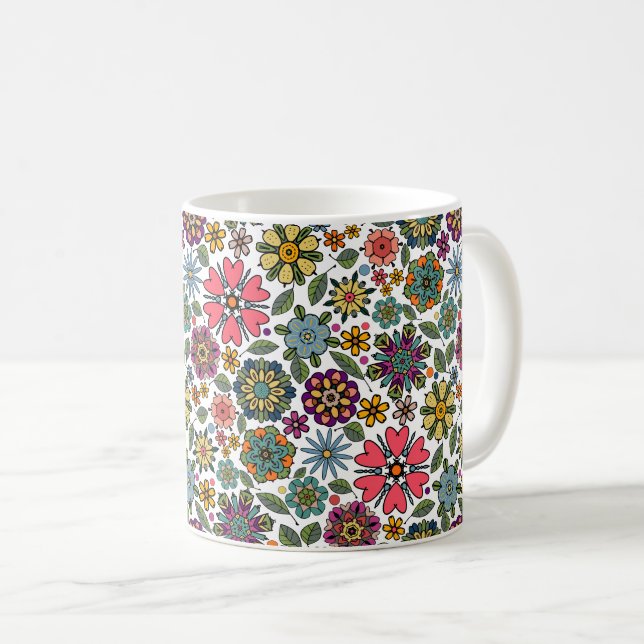Modern Retro Floral Drawing Seamless Pattern Art Coffee Mug (Front Right)