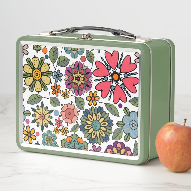 Modern Retro Floral Drawing Seamless Pattern Art Metal Lunch Box (In Situ)