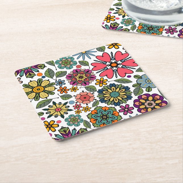 Modern Retro Floral Drawing Seamless Pattern Art  Square Paper Coaster (Angled)