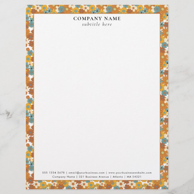 Modern Retro Floral Pattern Company Name Details Custom Letterhead (Front)