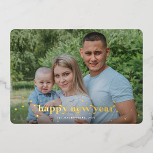 Modern Retro Font+Stars Happy New Year Photo Foil Holiday Card