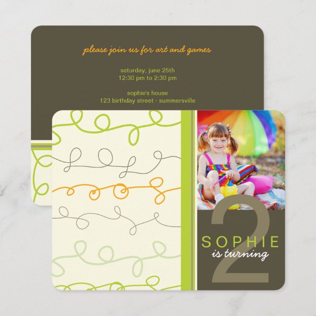 Modern Retro Fun Art Scribbles Photo Kids Birthday Invitation (Front/Back)