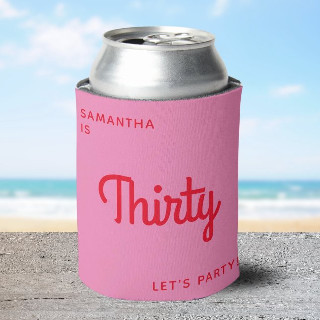 Modern Retro Fun Bright Personalised 30 birthday Can Cooler (personalised 30th birthday party drink cooler in a colorful bright retro font in pink and red)