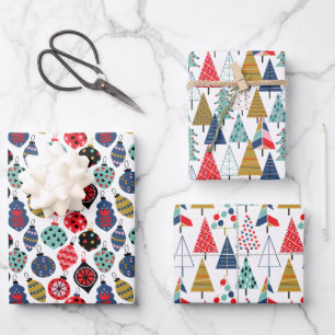 Modern Retro Geometric Christmas Pattern Set of 3 Wrapping Paper Sheet