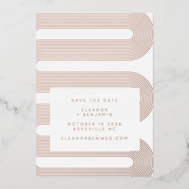 Modern Retro Geometric Luxe Rose Gold Save Date (Front)