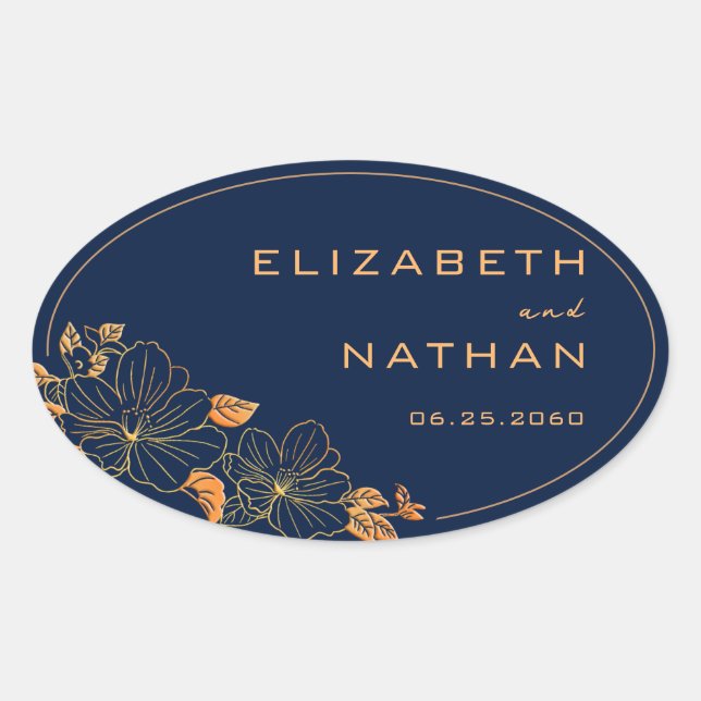 Modern Retro Gold Floral Navy Blue Wedding Oval Sticker (Front)