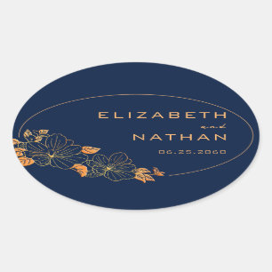Modern Retro Gold Floral Navy Blue Wedding Oval Sticker