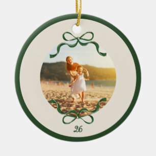 Modern Retro Green Vintage Bows Christmas photo Ceramic Tree Decoration