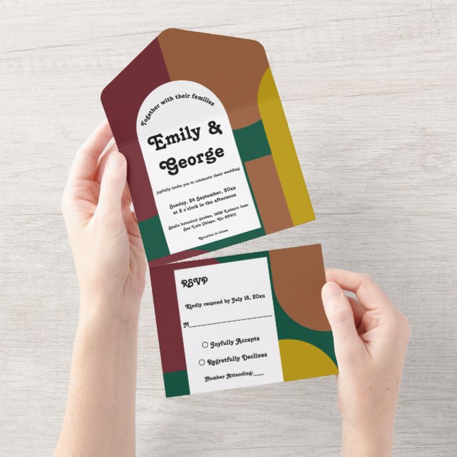 Modern Retro Groovy 70s Colourful Abstract Wedding All In One Invitation (Tearaway)