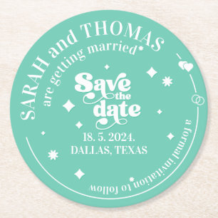 Modern Retro groovy green 70s wedding sve the data Round Paper Coaster