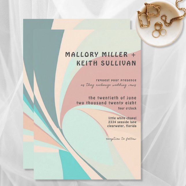 Modern Retro Groovy Peach Teal & Aqua Wedding Invitation (Creator Uploaded)
