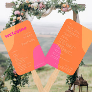 Modern retro groovy pink orange wedding program hand fan