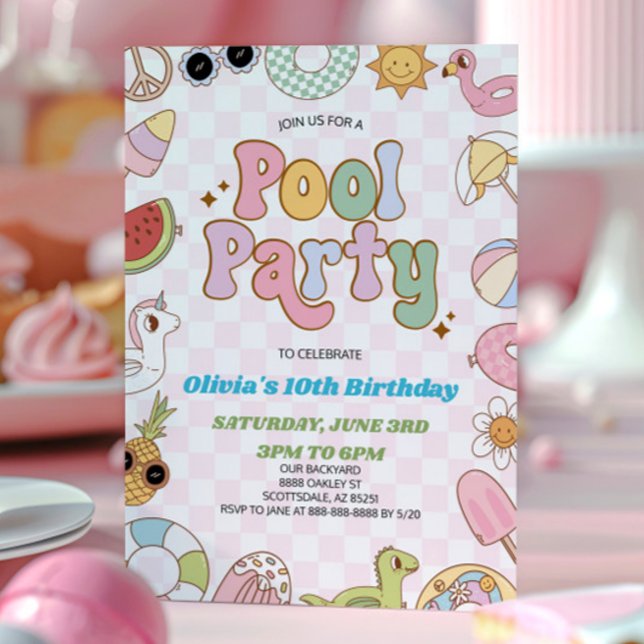 Modern Retro Groovy Summer Birthday Pool Party Invitation (Creator Uploaded)