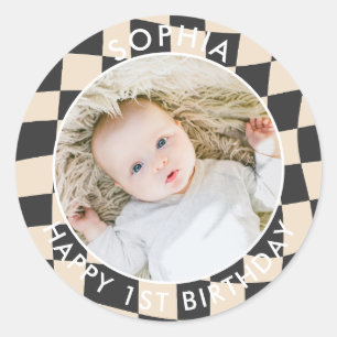 Modern Retro Happy 1st Birthday Photo check Classic Round Sticker