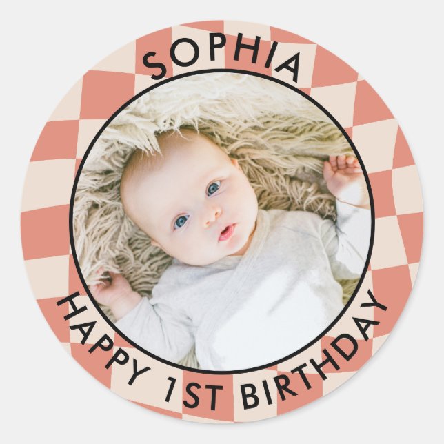 Modern Retro Happy 1st Birthday Photo check Classic Round Sticker (Front)