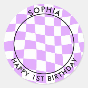Modern Retro Happy 1st Birthday Photo check Classic Round Sticker