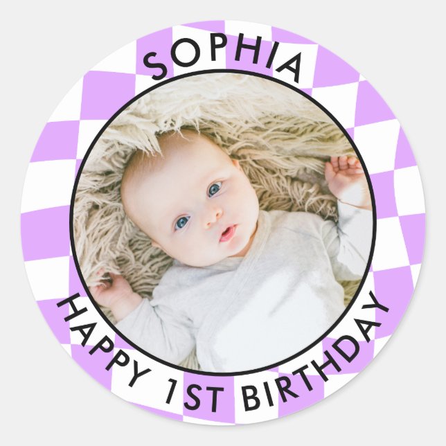 Modern Retro Happy 1st Birthday Photo check Classic Round Sticker (Front)
