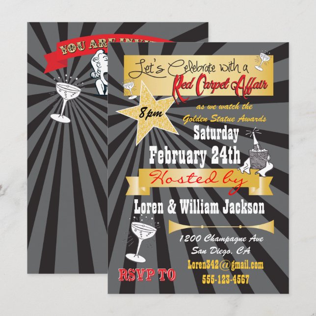 Modern retro Hollywood Red Carpet Party Invitation (Front/Back)