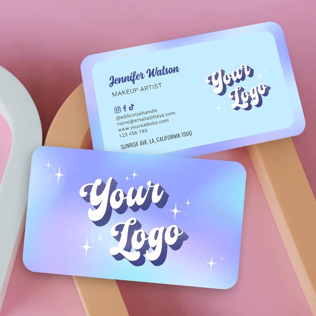 Modern Retro Holographic Nails Lashes Beauty Logo Business Card (Trendy logo business cards in blue and purple gradient colors and sparkle motifs)
