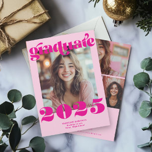 Modern Retro Hot Pink 4 Photo Graduation Invitation