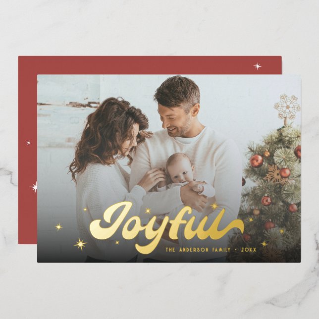 Modern Retro Joyful Snowflakes Photo Christmas Foil Holiday Card (Front/Back)
