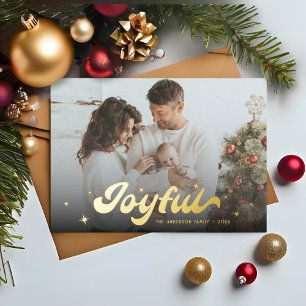 Modern Retro Joyful Snowflakes Photo Christmas Foil Holiday Card