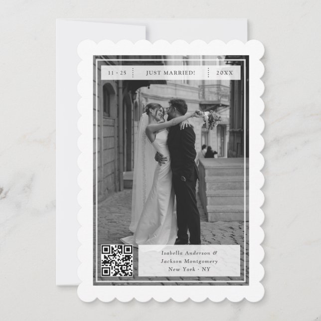 Modern Retro Just Married Stamp QR Code Elopement  Announcement (Front)