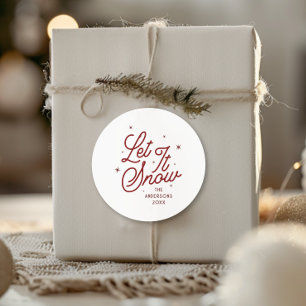Modern Retro Let It Snow Christmas Script Red Classic Round Sticker