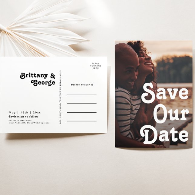 Modern Retro Lettering Save Our Date Photo Invitation Postcard (Creator Uploaded)