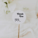 Modern Retro Lettering Thank You Wedding Favour Classic Round Sticker<br><div class="desc">This modern retro lettering thank you wedding favour classic round sticker is perfect for your unique, trendy simple vintage bohemian summer wedding. The lettering is a stylish black, chic 70's boho font giving this design classic minimal groovy hippie vibes. You can add your own graphics or pictures if you want...</div>