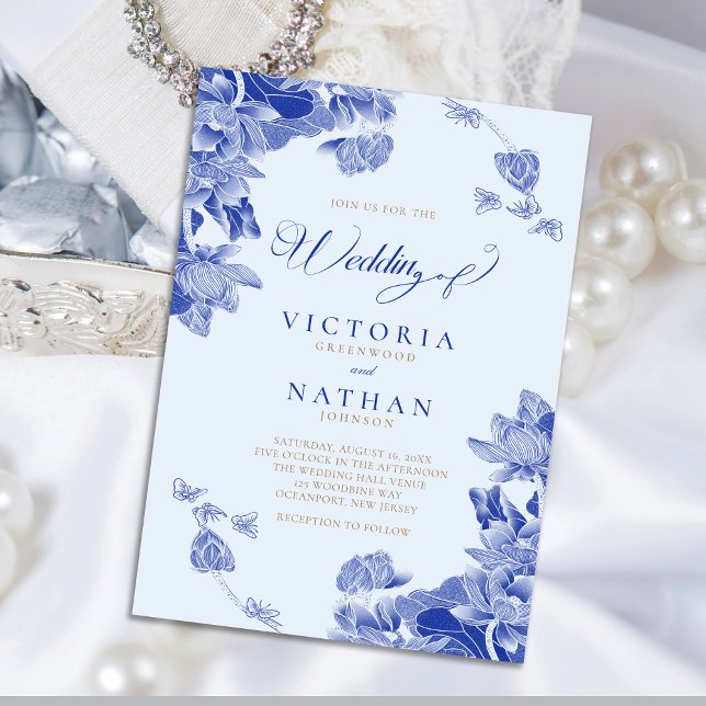 Modern Retro Light Blue Chinoiserie Floral Wedding Magnetic Invitation (Creator Uploaded)