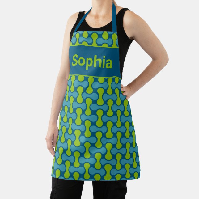 Modern Retro Link Pattern in Blue and Green Apron (Insitu)